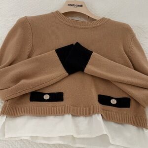 Sandro Camel Crewneck Sweater with Black Trim